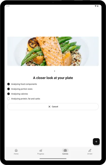 Photo analysis in AI Calorie Count on an Android tablet