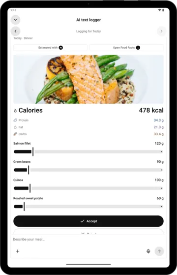 Review the estimate in AI Calorie Count on an Android tablet