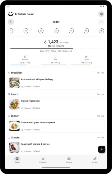Daily diary in AI Calorie Count on an Android tablet