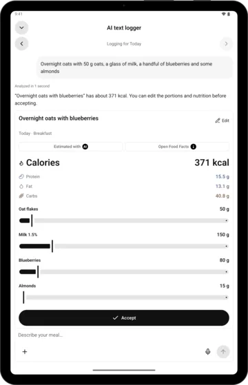 AI text logging in AI Calorie Count on an Android tablet