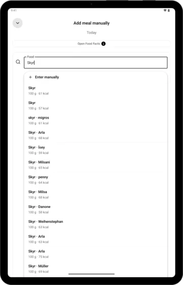 Food search in AI Calorie Count on an Android tablet