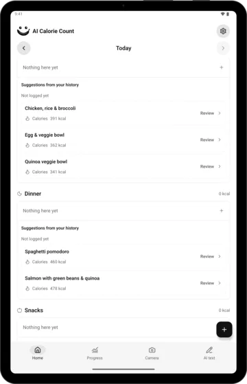 Meal suggestions in AI Calorie Count on an Android tablet