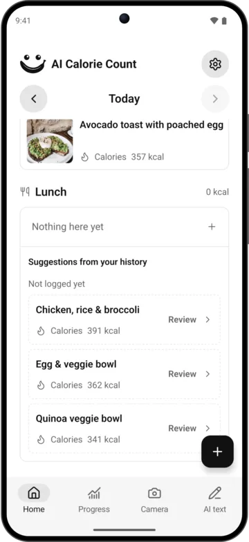 Meal suggestions in AI Calorie Count on Android