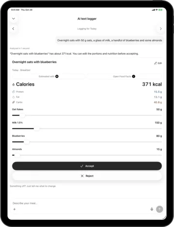 AI text logging in AI Calorie Count on an iPad