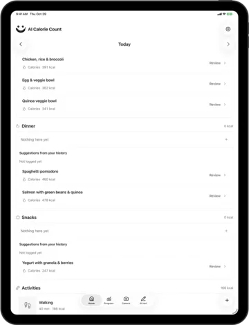 Meal suggestions in AI Calorie Count on an iPad