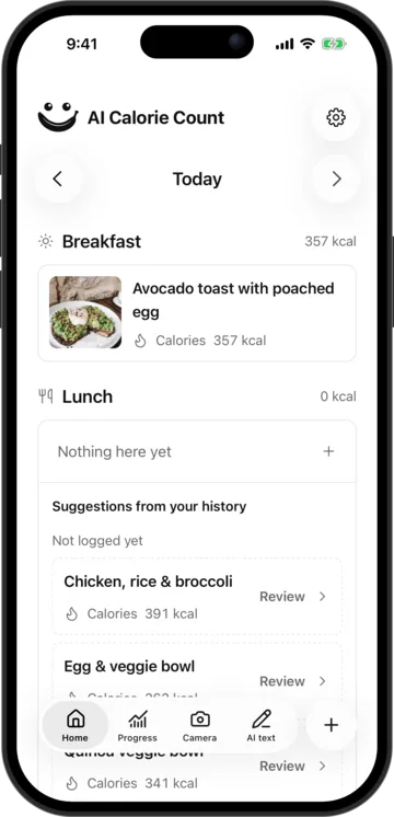 Meal suggestions in AI Calorie Count on an iPhone